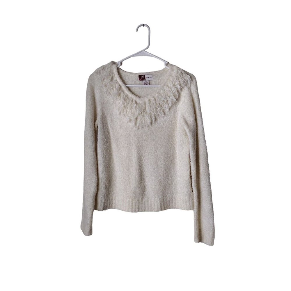 JM Sweater Womens Petite Medium Long Sleeve Knit Fringe Neckline